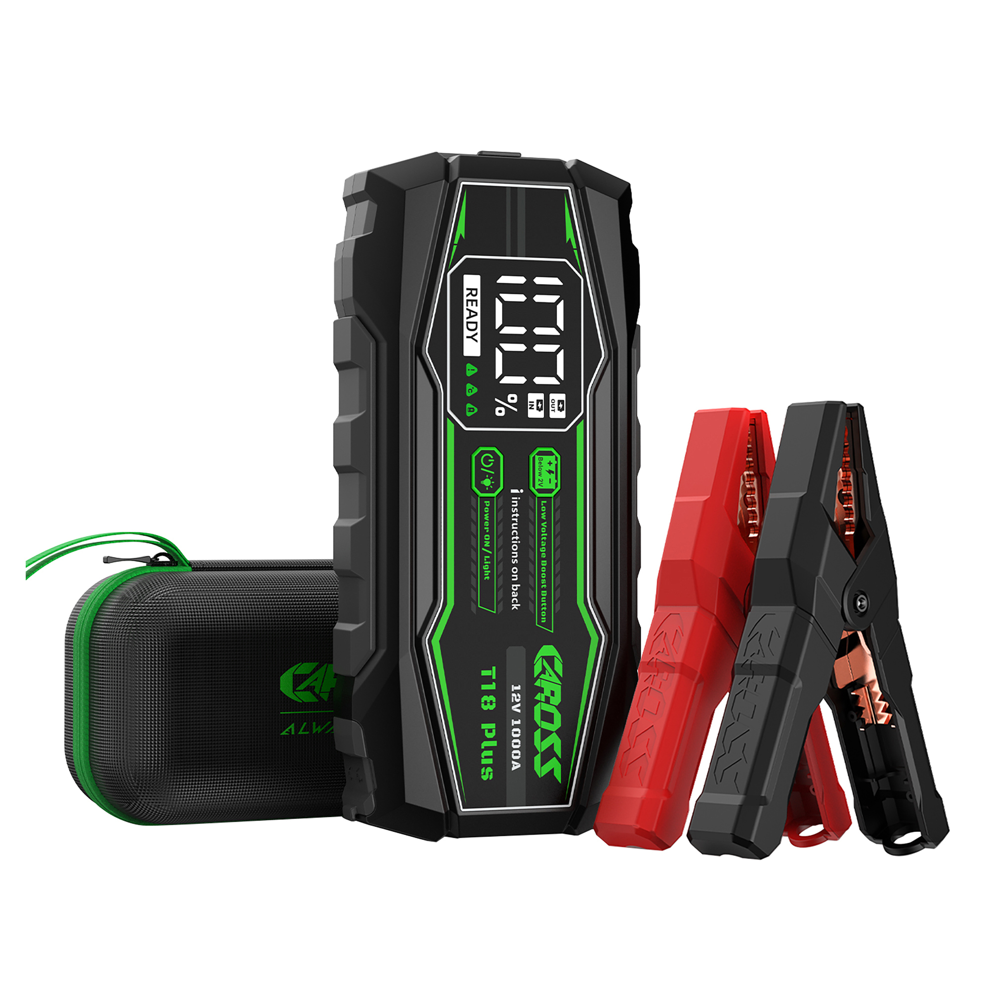 CAROSS T18 Plus Portable Car Jump Starter and USB Power Bank with 1,000-Amp Peak, Advanced Protection Jumper Clamps, LED Light, and QC Fast Charger